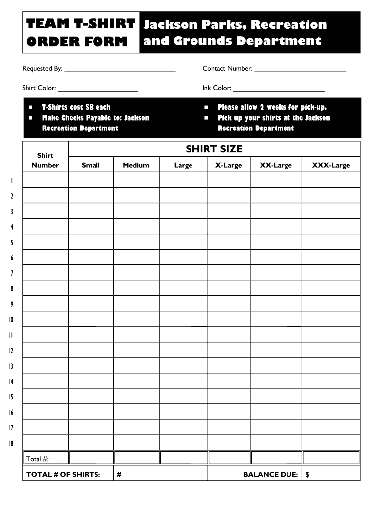 Free Printable And Editable Excel T Shirt Order Form