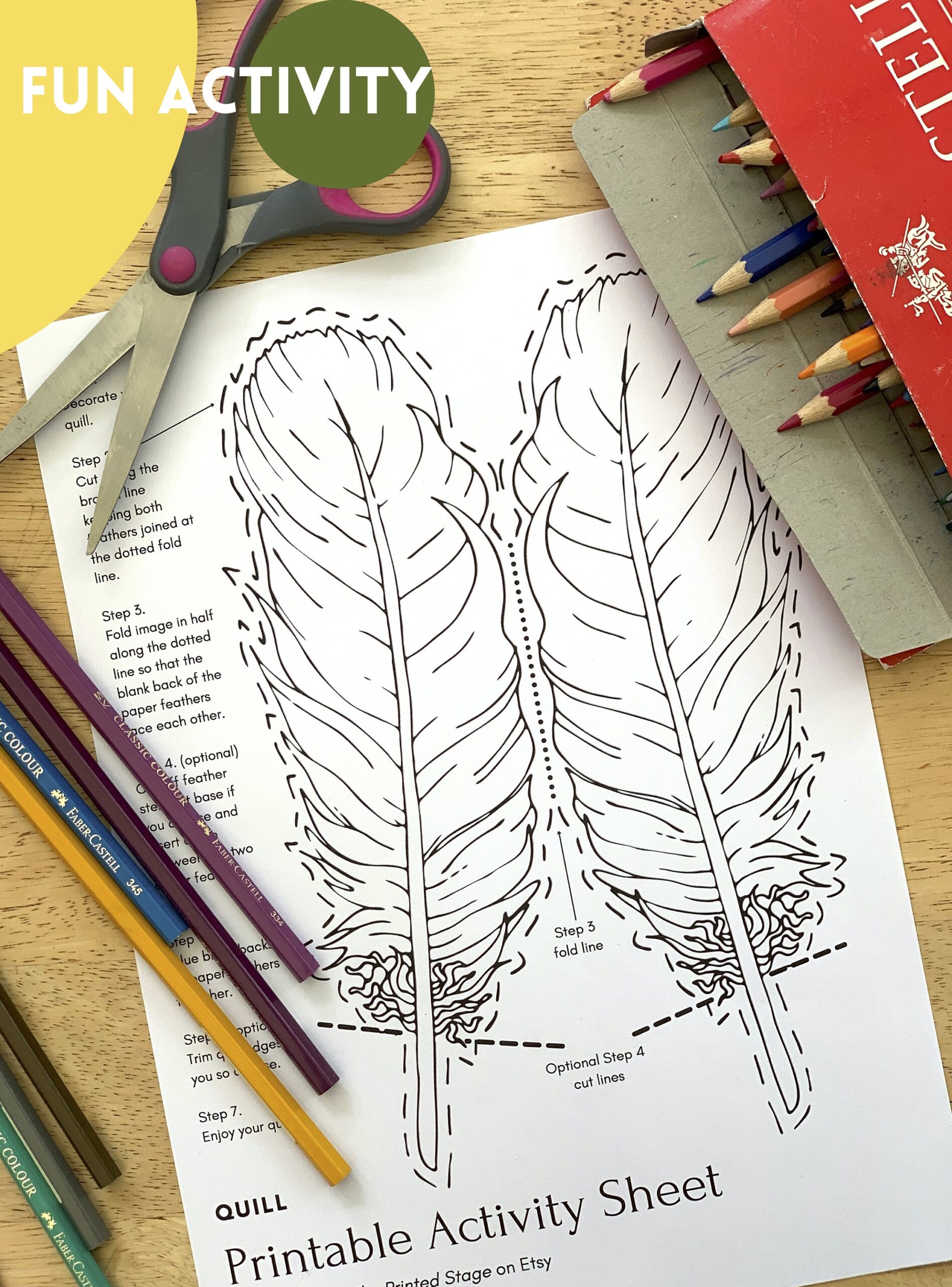 Feather Quill Pen Printable Activity Sheet A4 PDF Template Adult 3D Paper Craft Teaching Resource Vegan Kids Family Colouring Etsy Israel