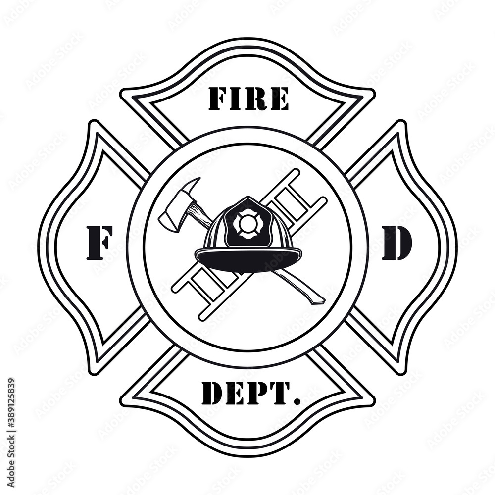 Fire Dept Emblem With Helmet Vector Illustration Ax Ladder Heraldry And Ribbon Rescue Concept For Firefighting Or Fire Department Badge Template Stock Vector Adobe Stock