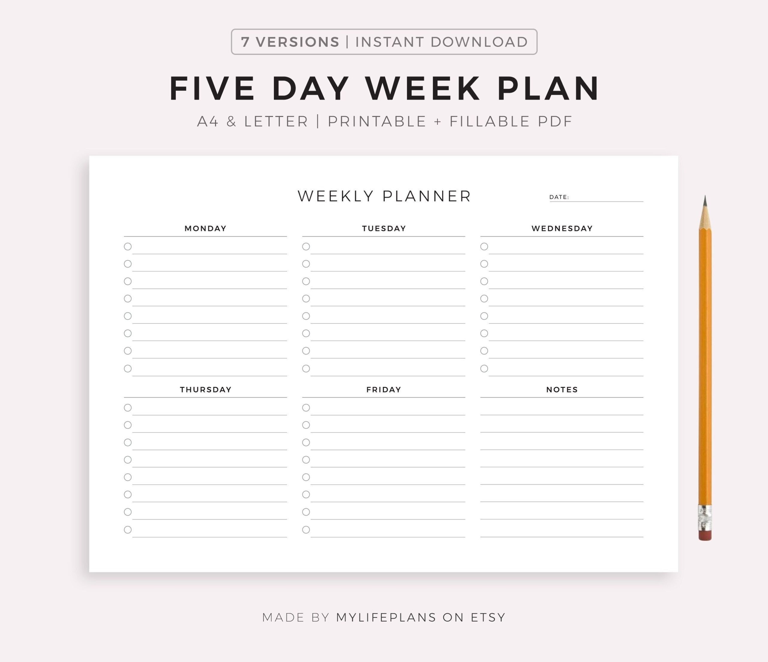 Five Day Weekly Planner Printable To Do List Weekly Schedule Week At A Glance Student Planner Work office Planner A4 letter Landscape Etsy