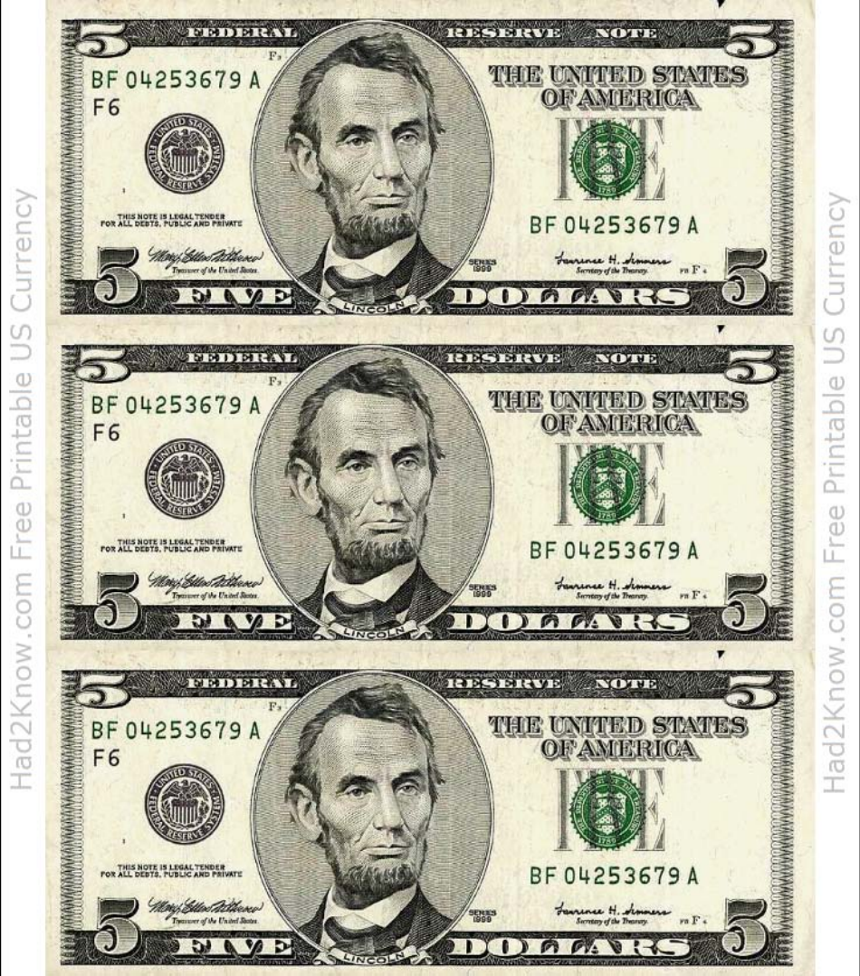 Five Dollar Bill Template Front Download Printable PDF Templateroller
