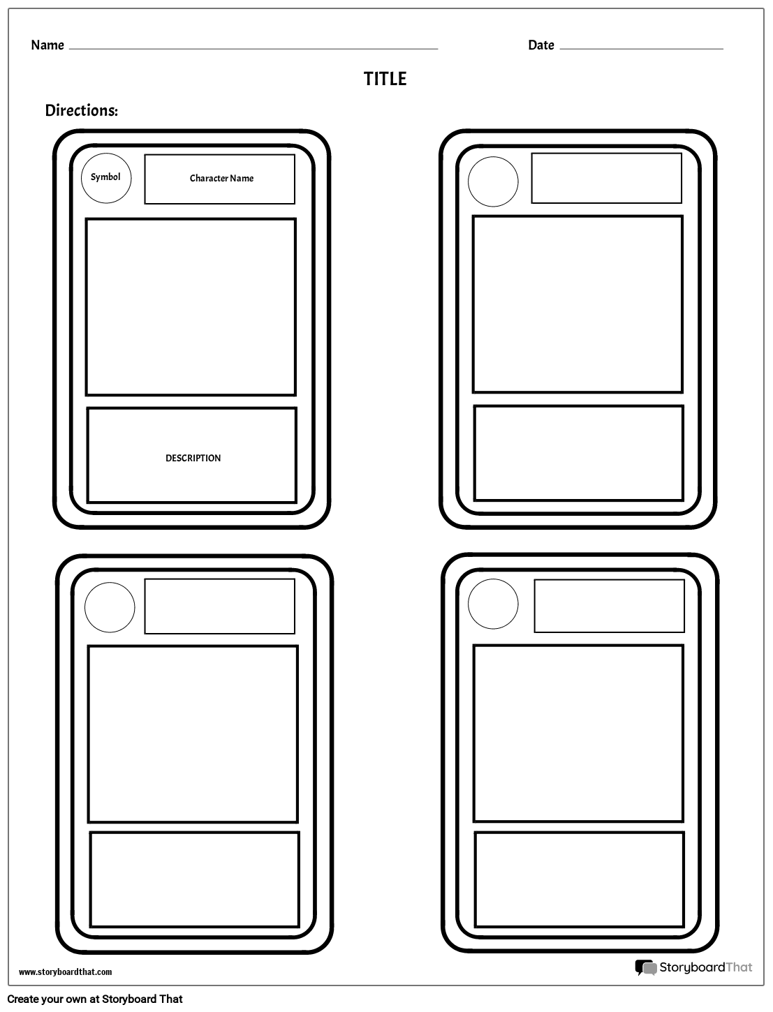 Four Trading Cards Character Map Worksheet Template
