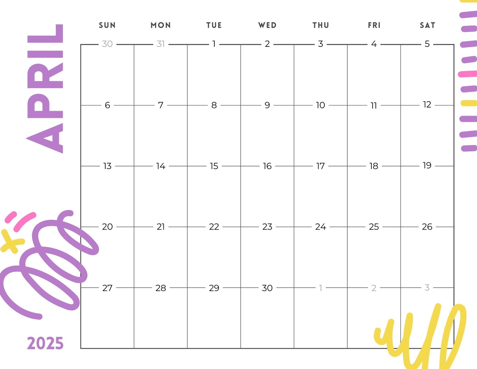 April Calendar Printable Editable
