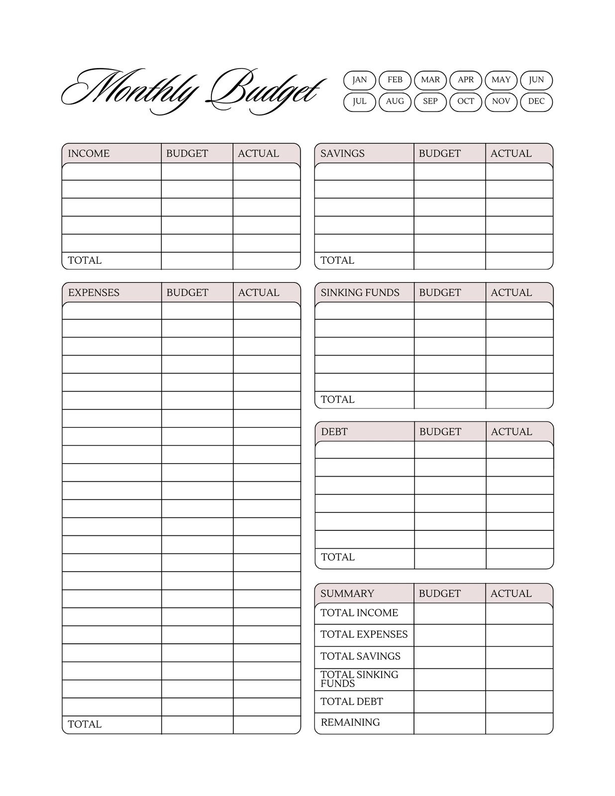 Printable Editable Monthly Budget