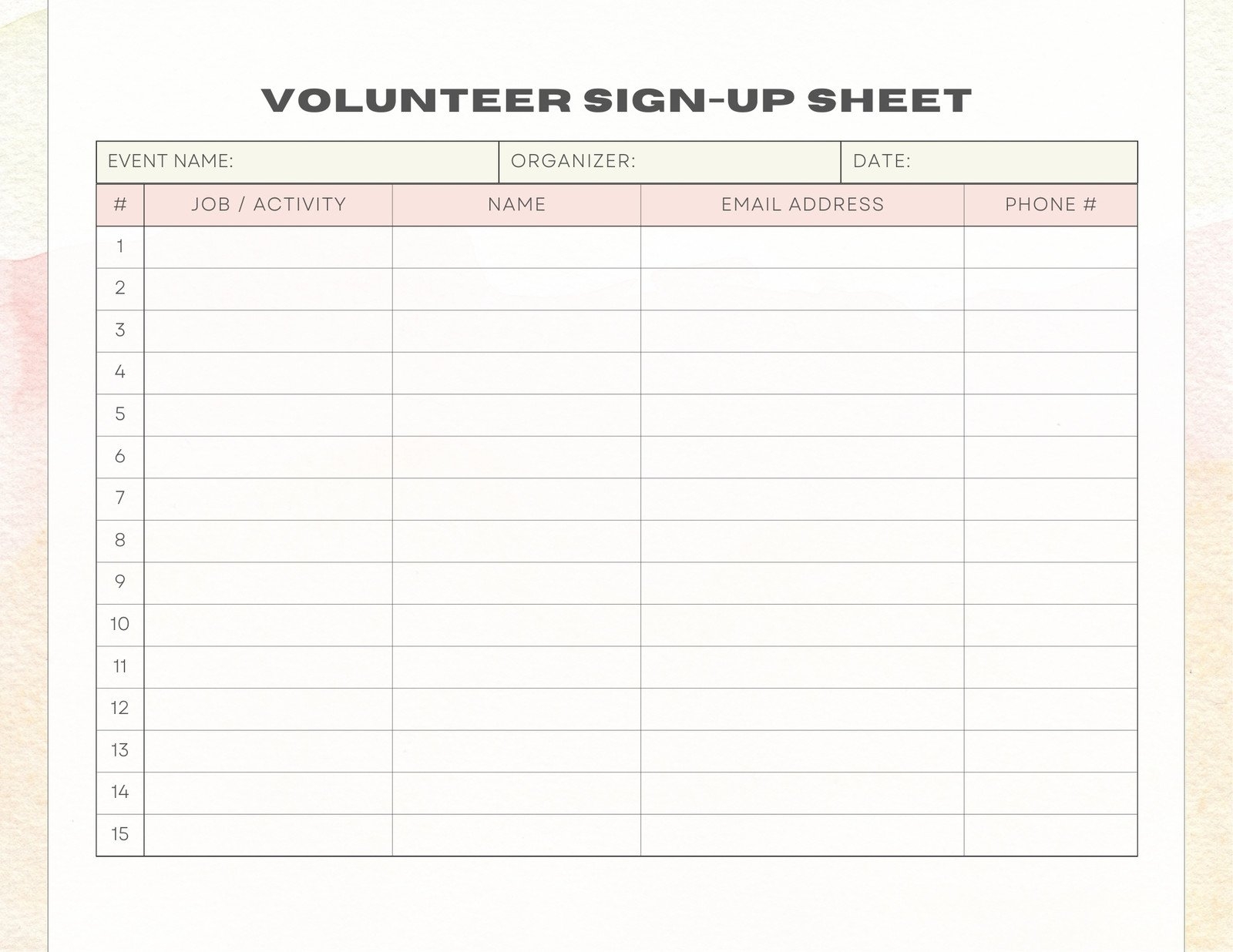 Volunteer Sign Up Sheets Free Printable Editable