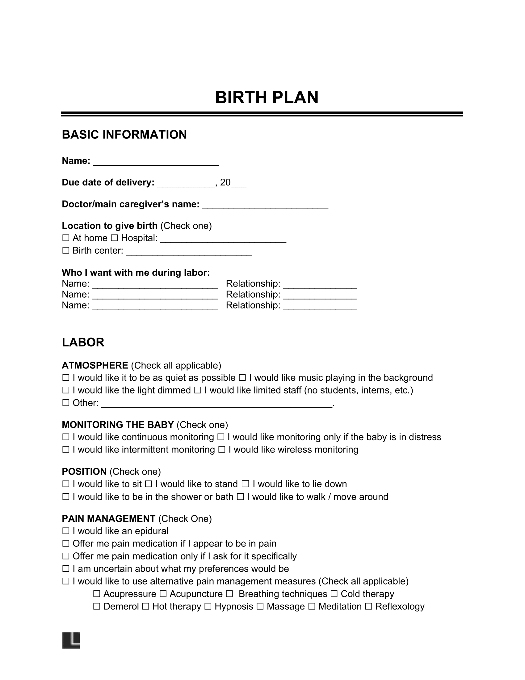 Printable Editable Birth Plan Template