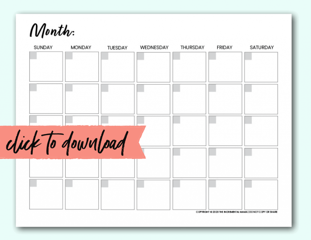 Free Blank Monthly Calendar Template PDF The Incremental Mama