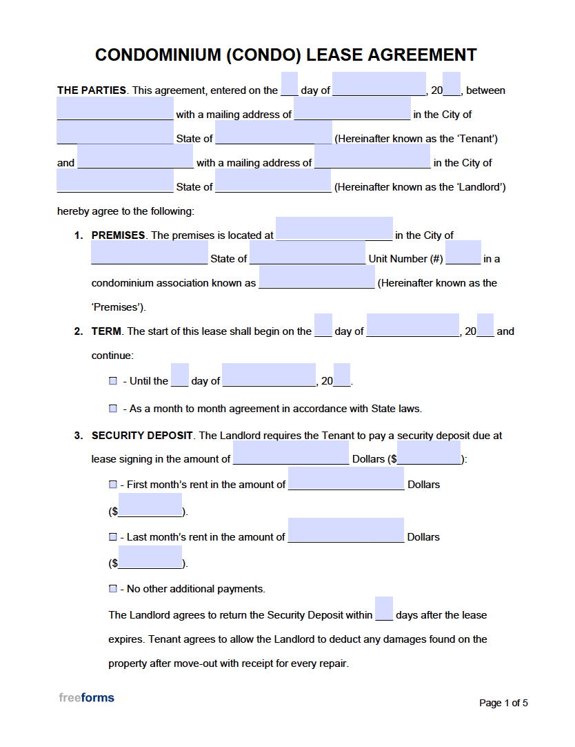 Free Condominium Condo Lease Agreement Template PDF Word