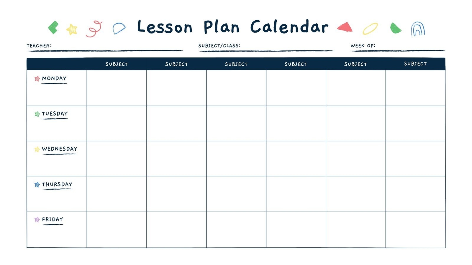 Printable Editable Weekly Teacher Calendar