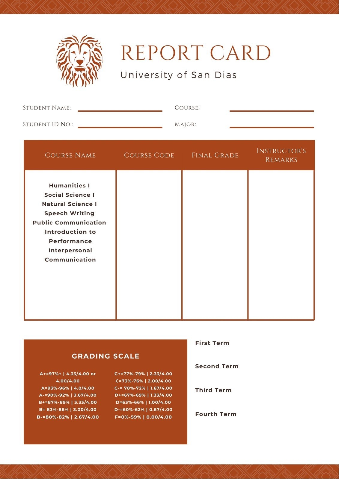 Printable Editable Template For 5th Grade Report Card For Fall And Spring Semester