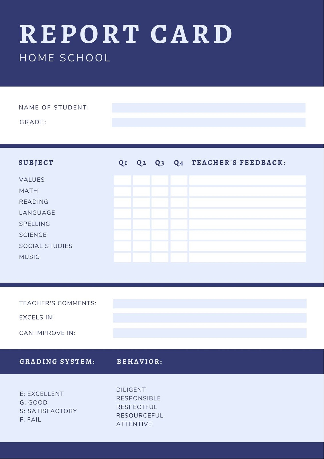 Printable Report Card Chart Edit