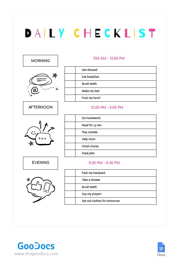 Free Daily Checklist Chore Chart For Kids Template In Google Docs And Microsoft Word Thegoodocs