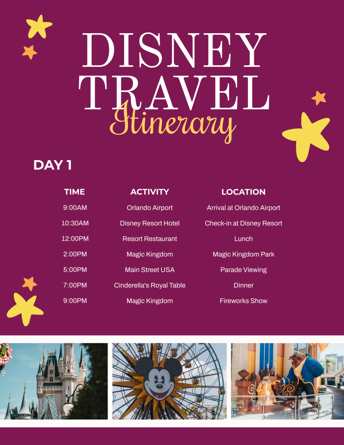 Free Disney Travel Itinerary Template To Edit Online