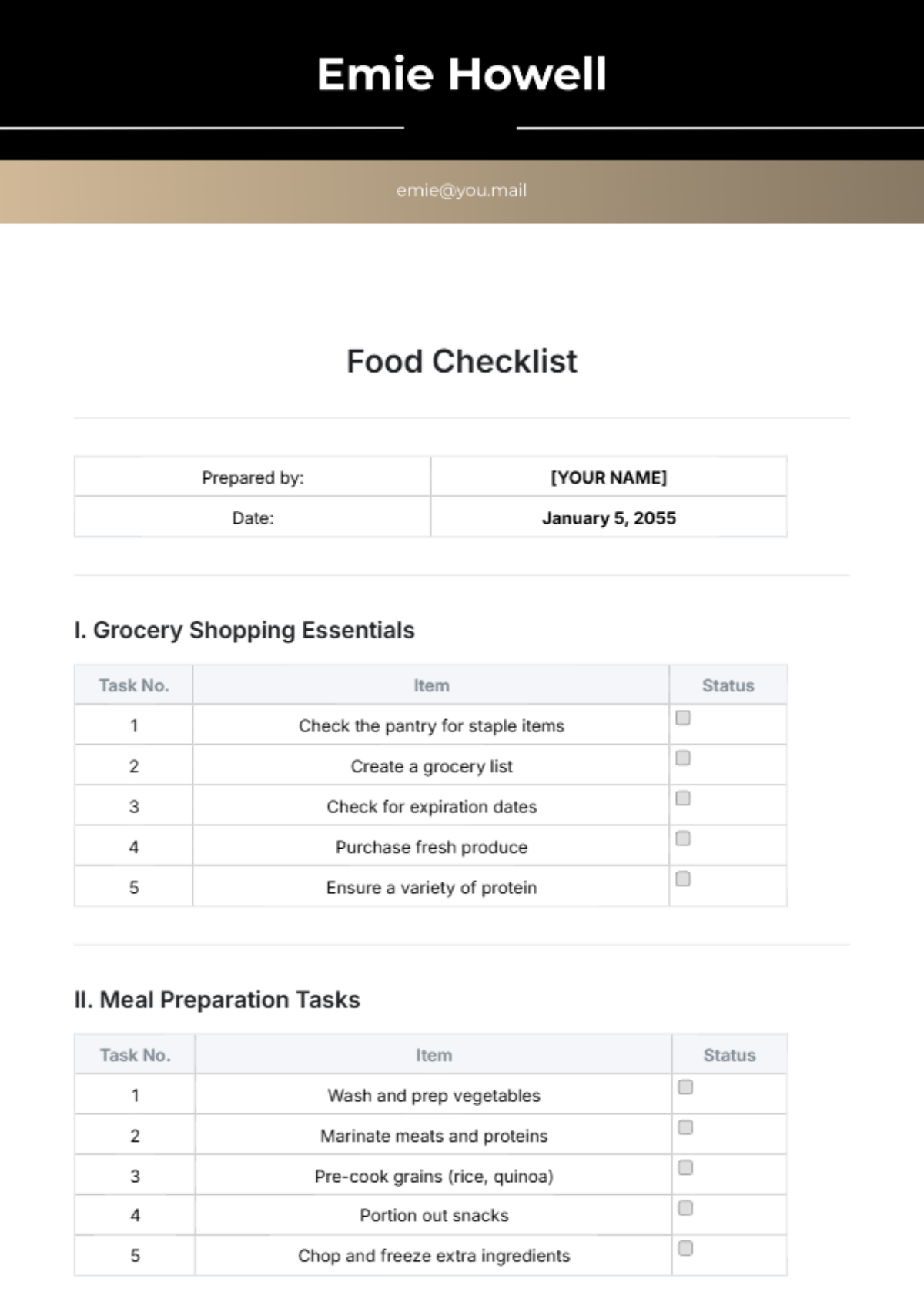 Free Food Checklist Templates Editable And Printable