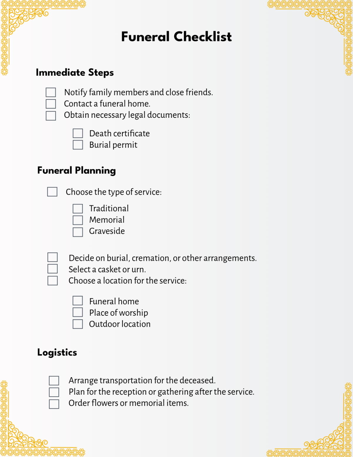 Printable Funeral Planning Checklist Editable