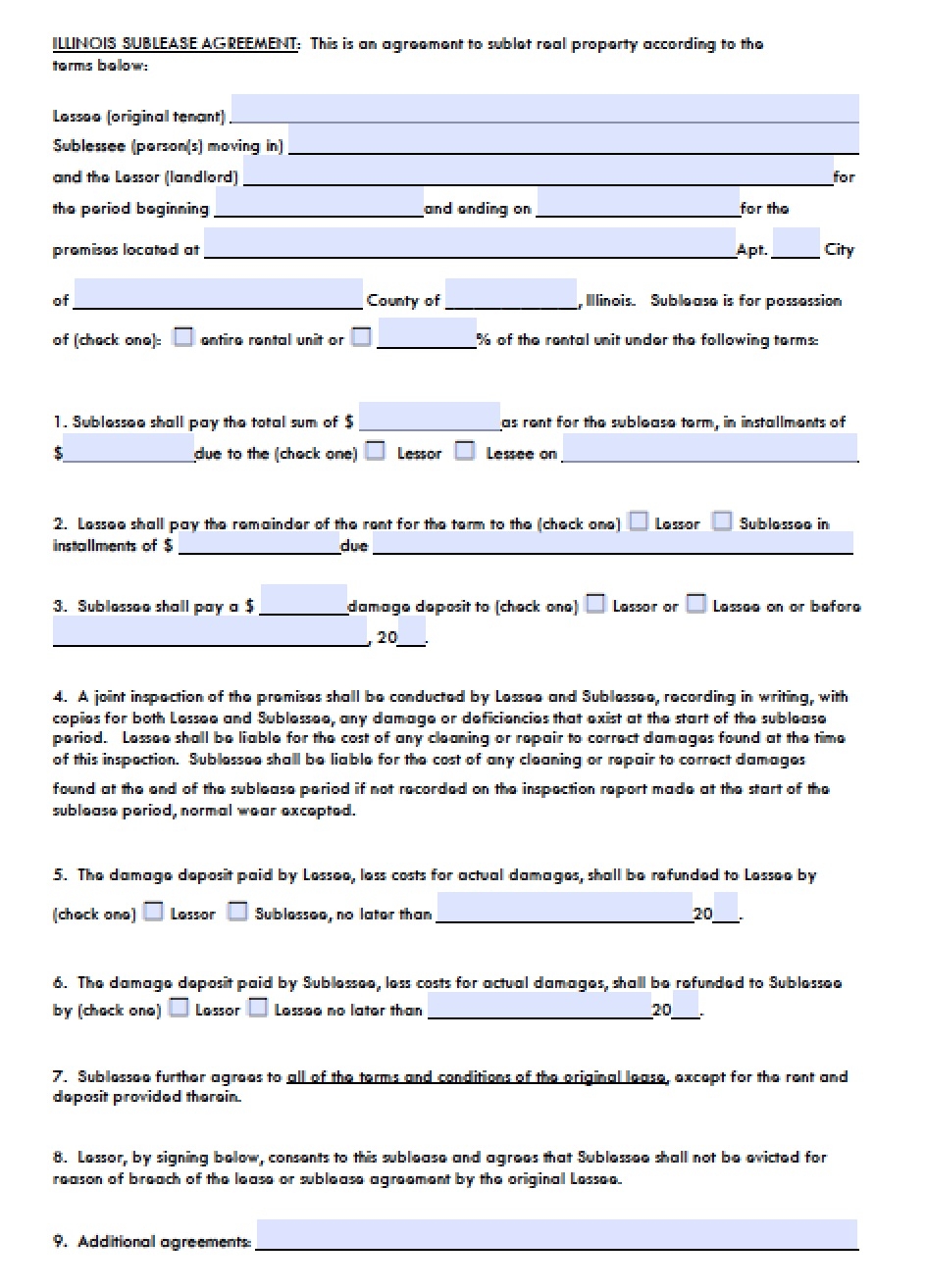 Free Printable Editable Rental Agreement Illinois