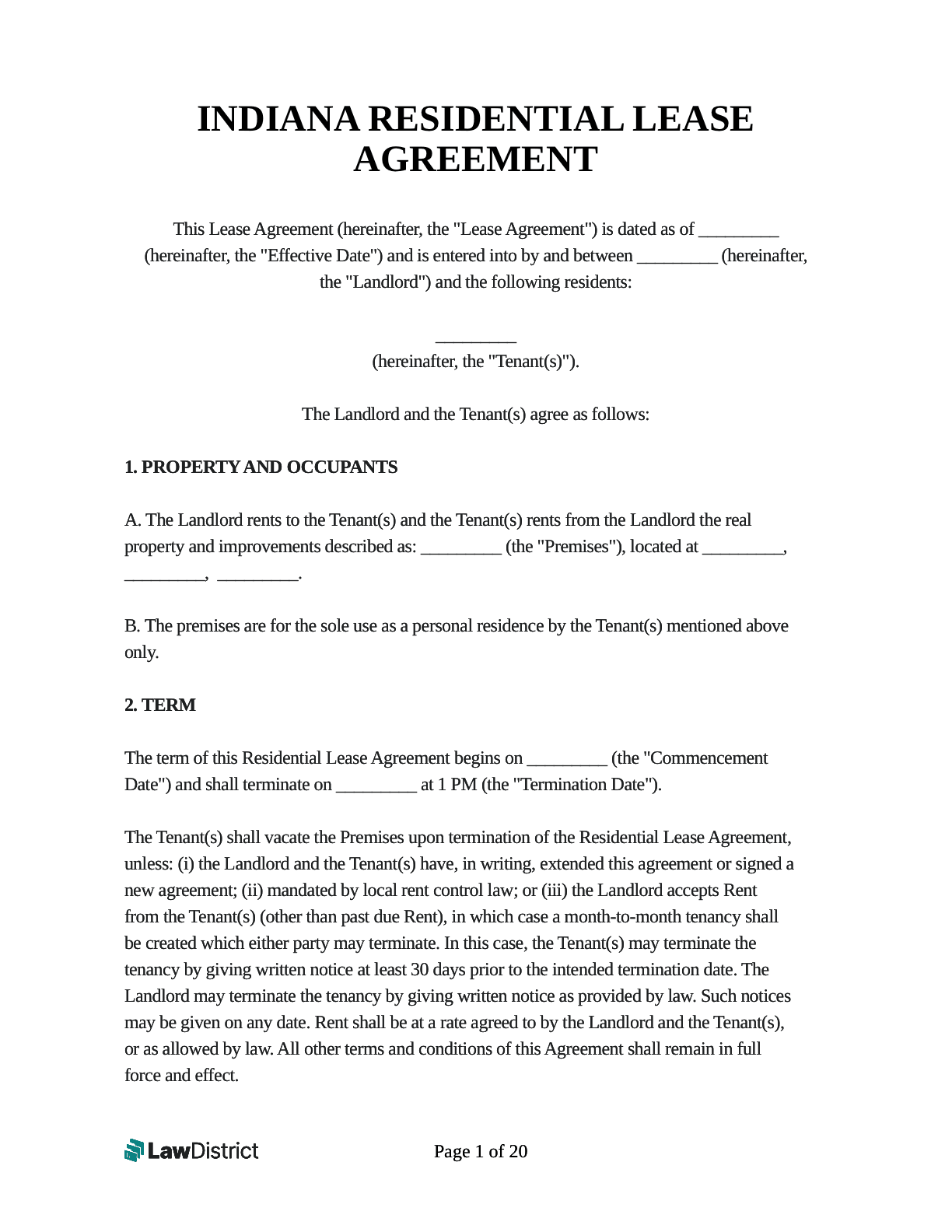 Free Indiana Residential Lease Agreement 2025 Official LawDistrict