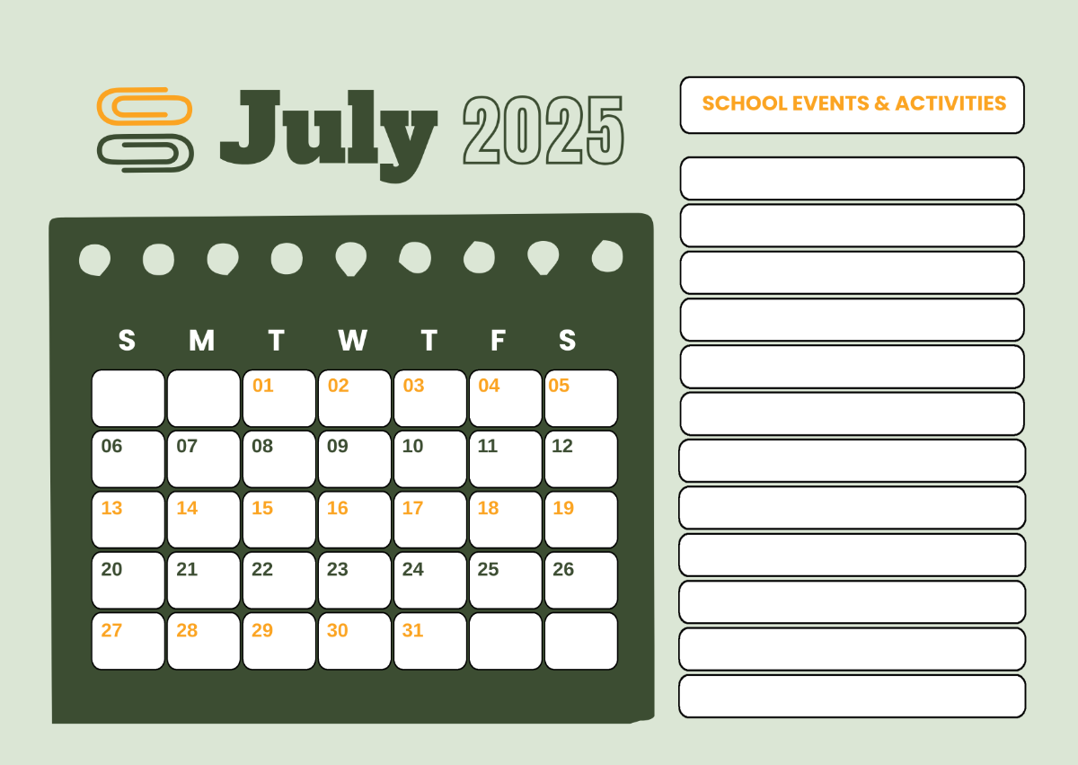 Free July 2025 School Calendar Template To Edit Online