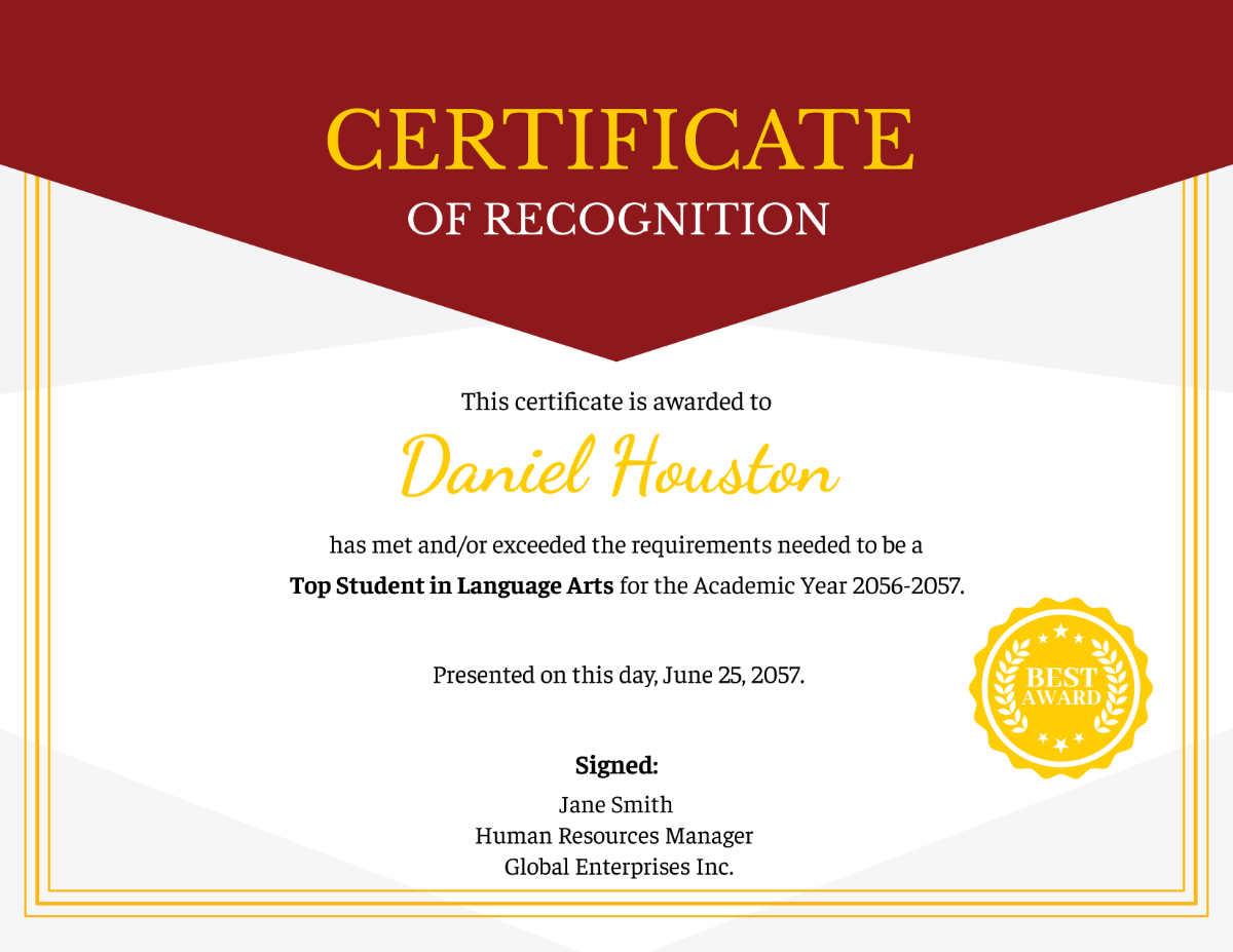Free Language Arts Achievement Certificate Template To Edit Online