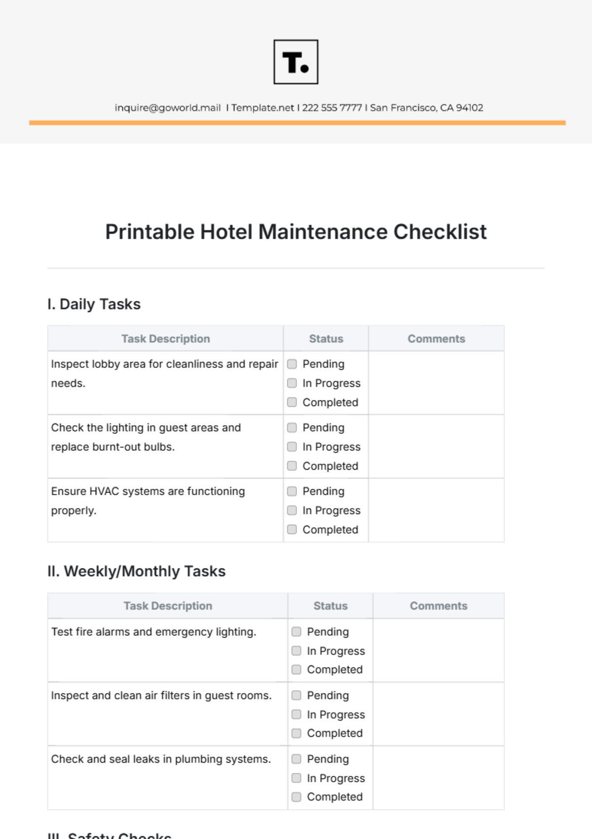 Free Maintenance Checklist Templates Editable And Printable