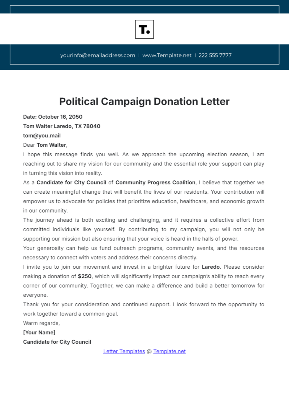 Free Political Campaign Donation Letter Template To Edit Online
