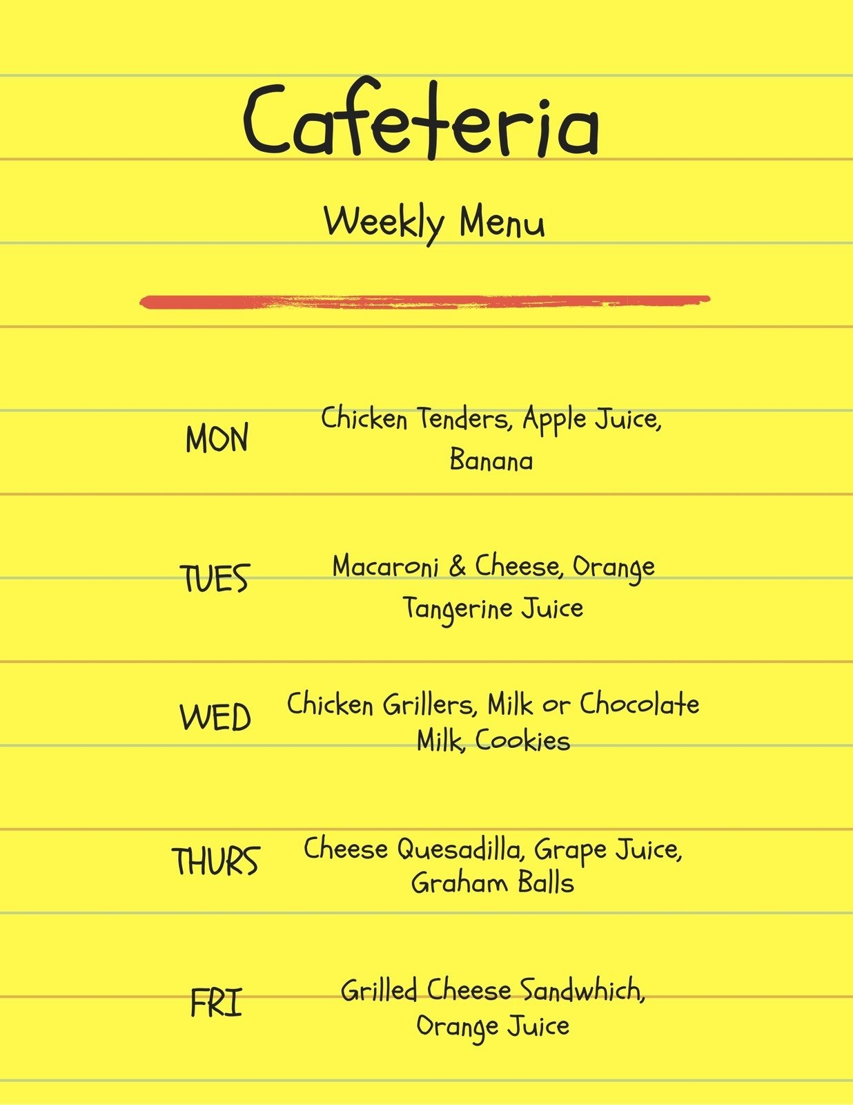 Editable Weekly Kids Menu Printable