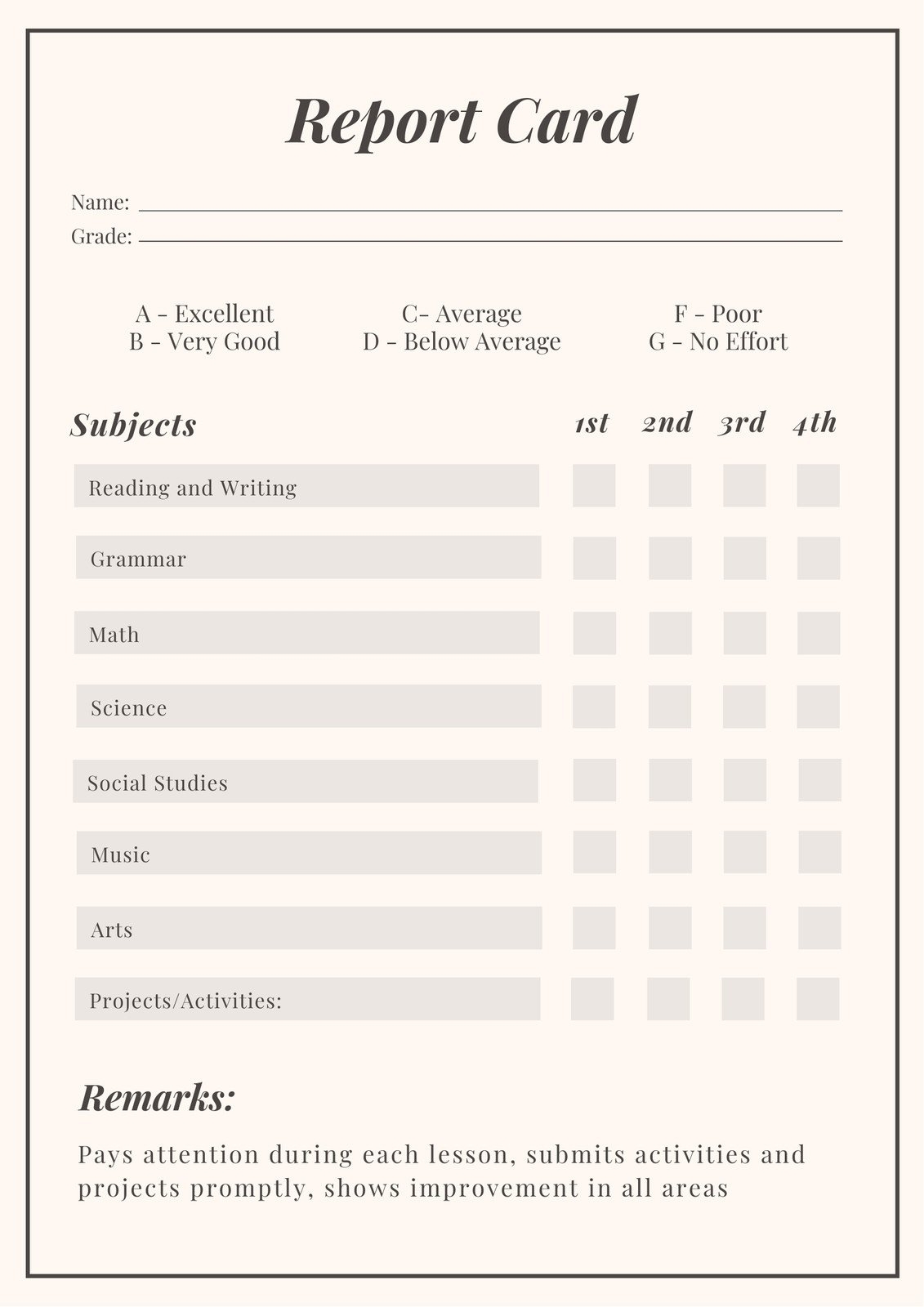Printable Editable Grade Sheet