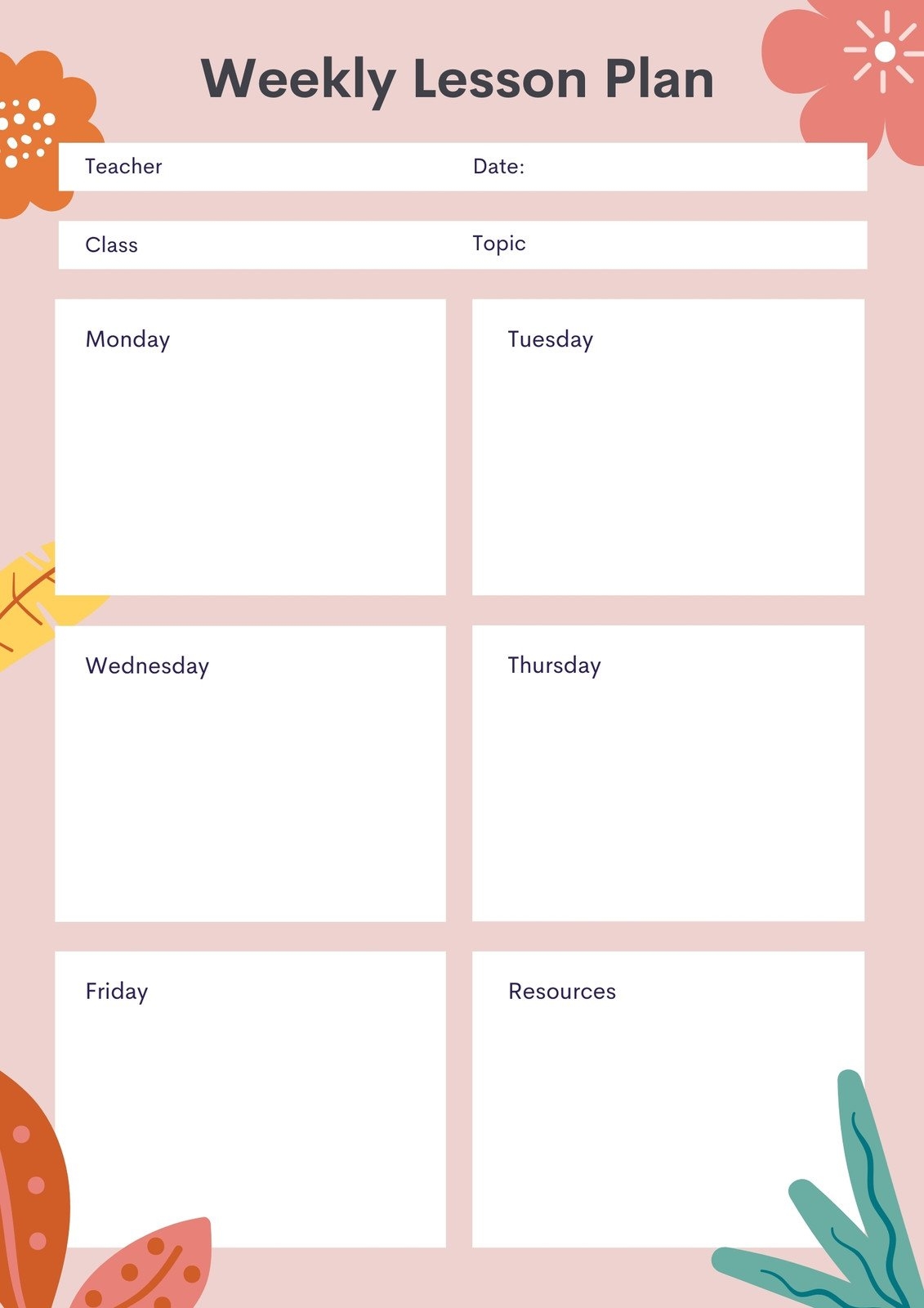 Free Printable Customizable Weekly Lesson Plan Templates Canva