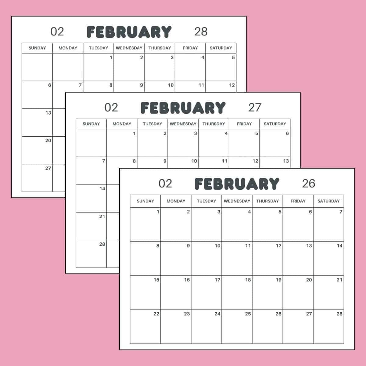Free Printable February Calendar 2026 2027 2028 PDF Template