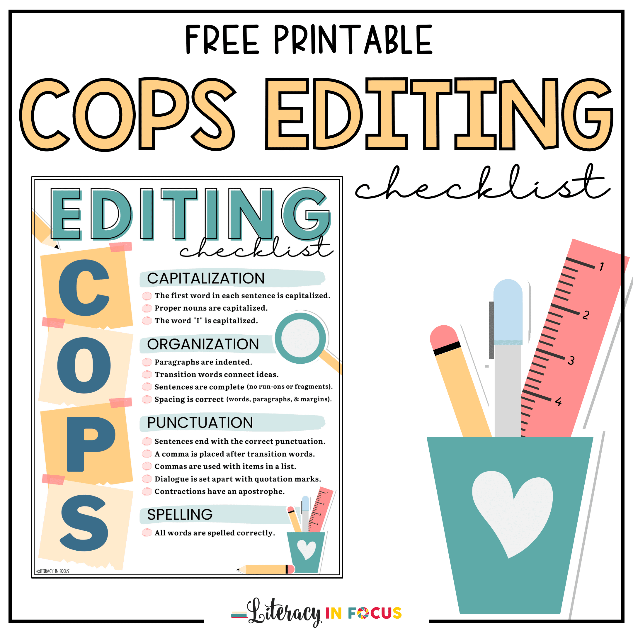 Free Printable PDF COPS Editing Checklist Literacy In Focus