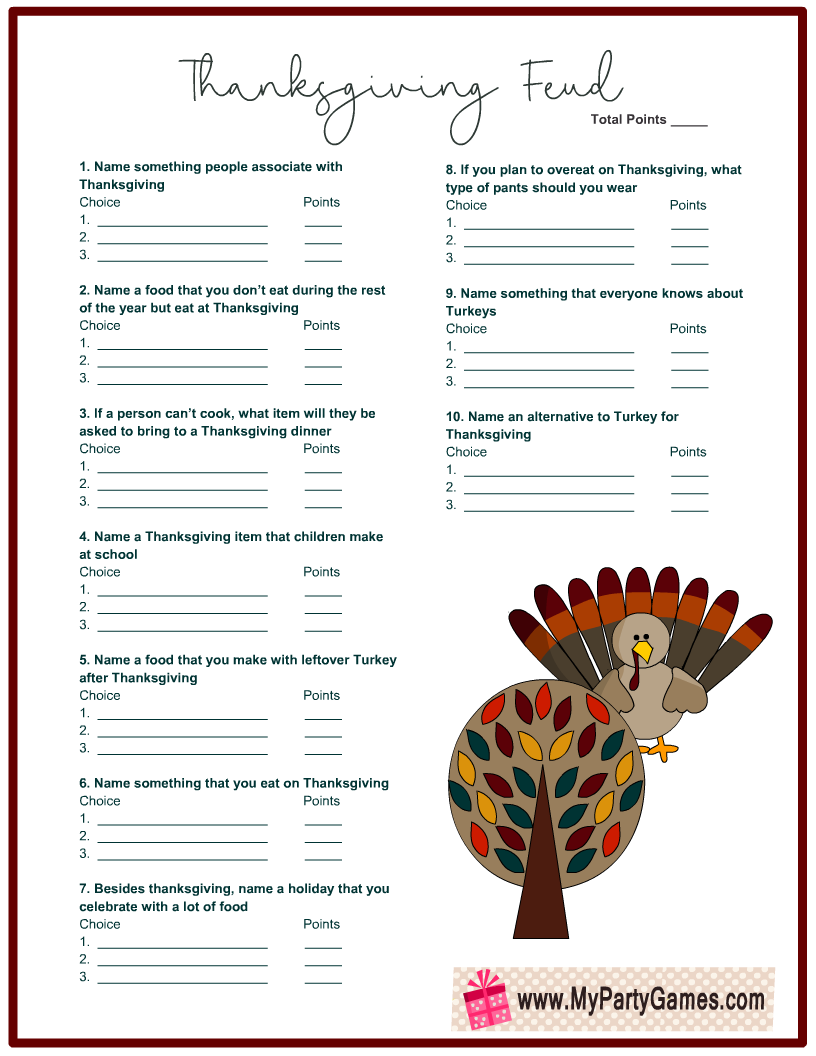 Family Feud Thanksgiving Edition Printable