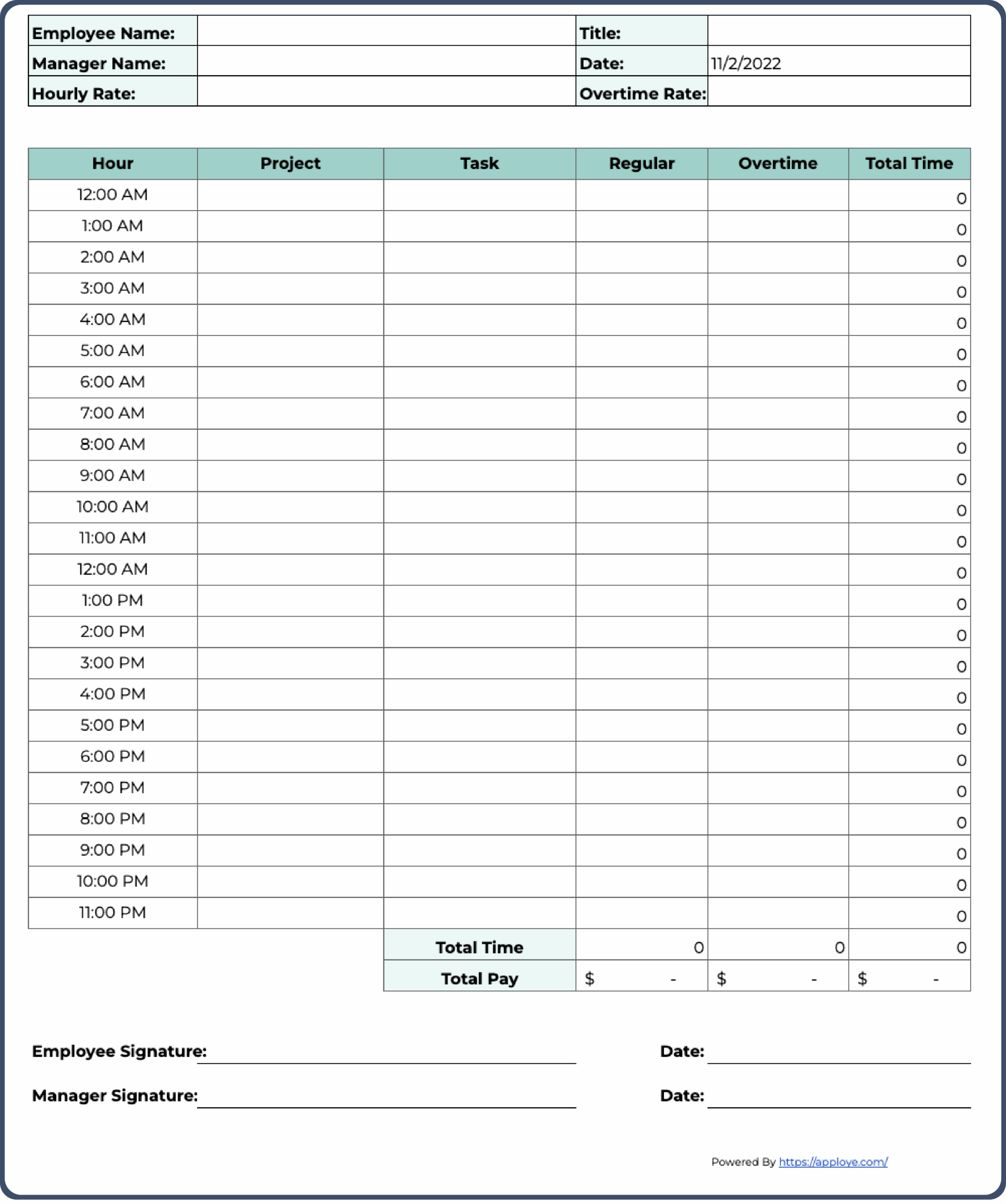 Employee Bi Weekly Printable Editable Calculate Time Sheet