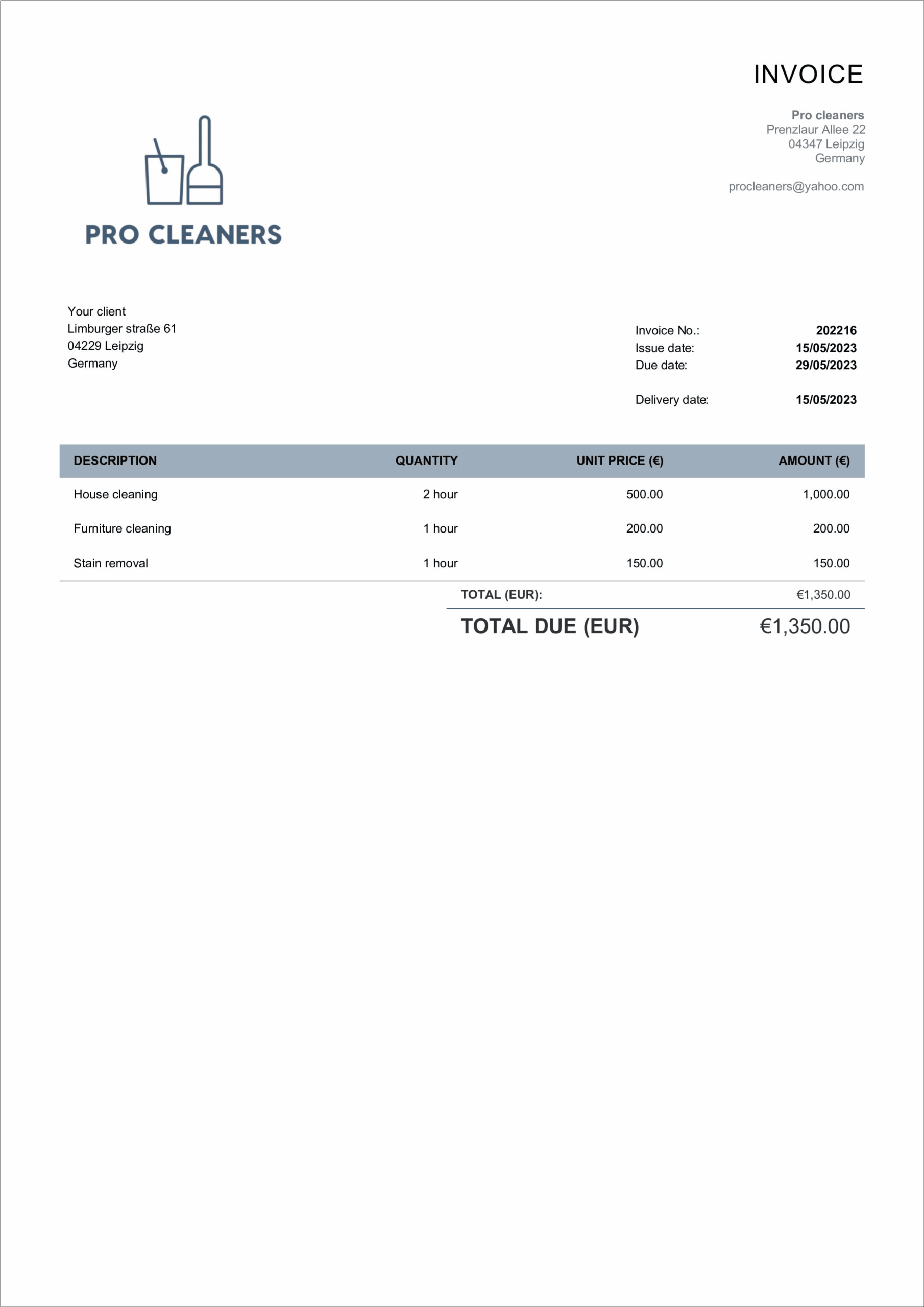 Free Editable And Printable Invoice For Housecleaning
