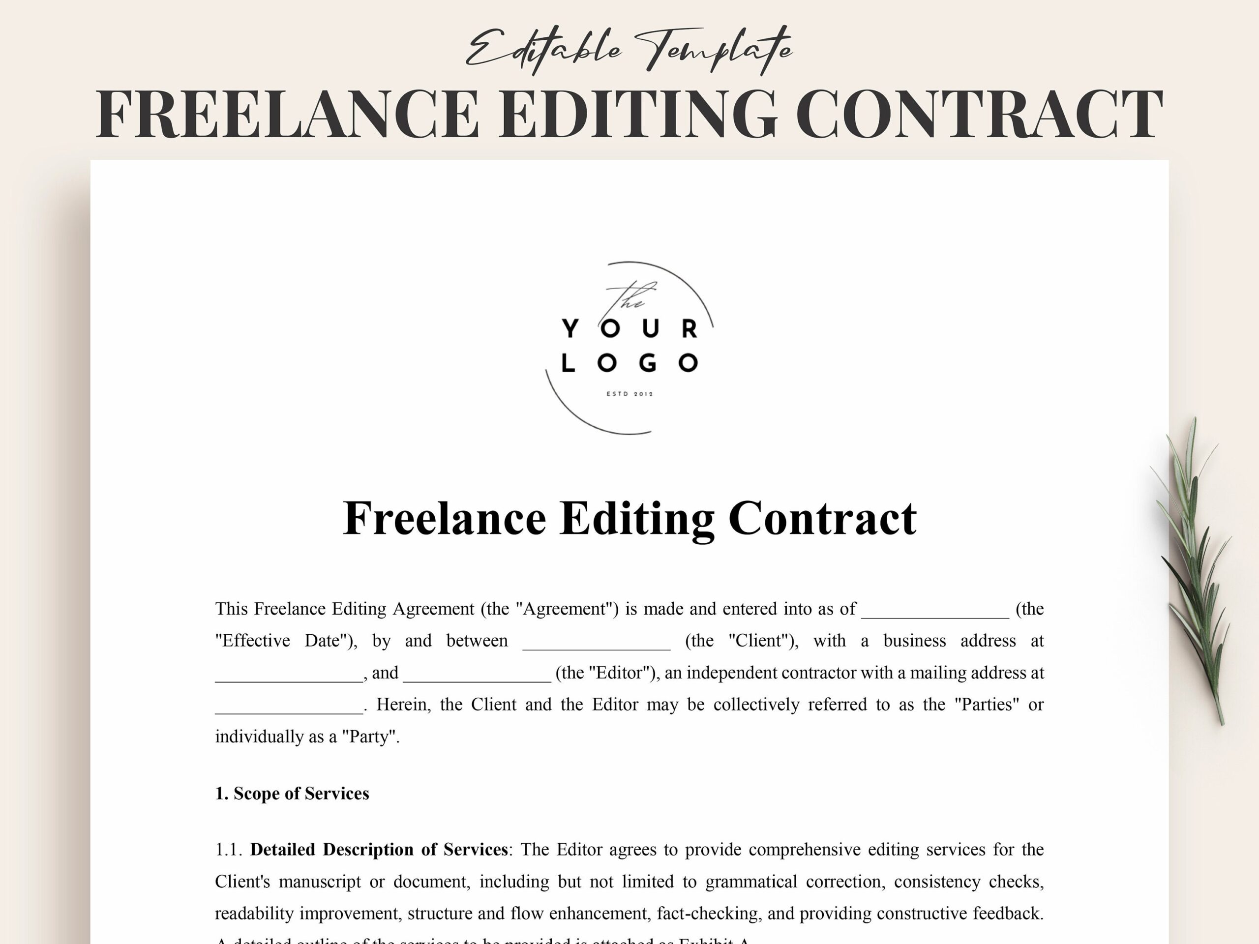 Freelance Editing Contract Template Instant Download Editable PDF Professional Editor Agreement Customizable Etsy