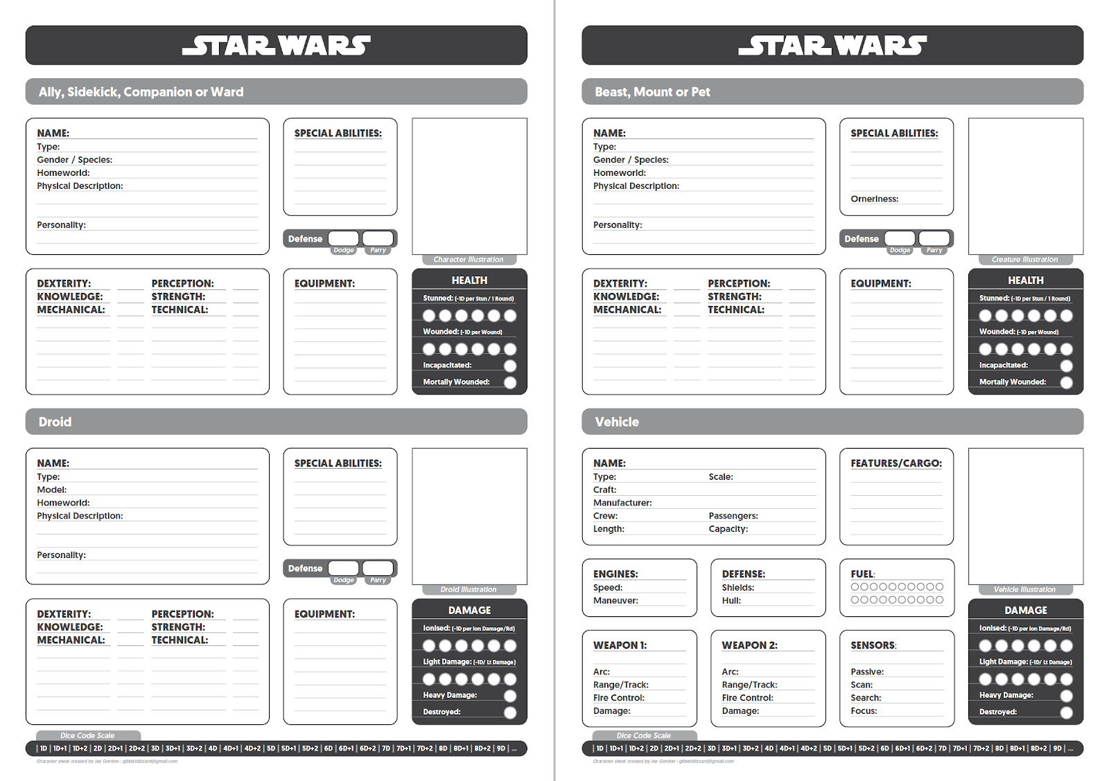 GIBLET BLIZZARD Star Wars JezD6 RPG Fillable Character Sheet PDF