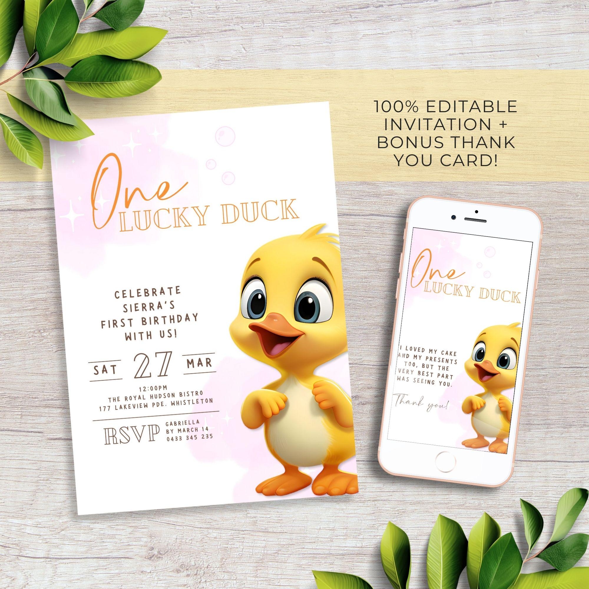 Girl First Birthday Invitation One Lucky Duck Invitation Cute Pink Invite Mallard Duck Invite Gender Neutral 1st Birthday Party Etsy