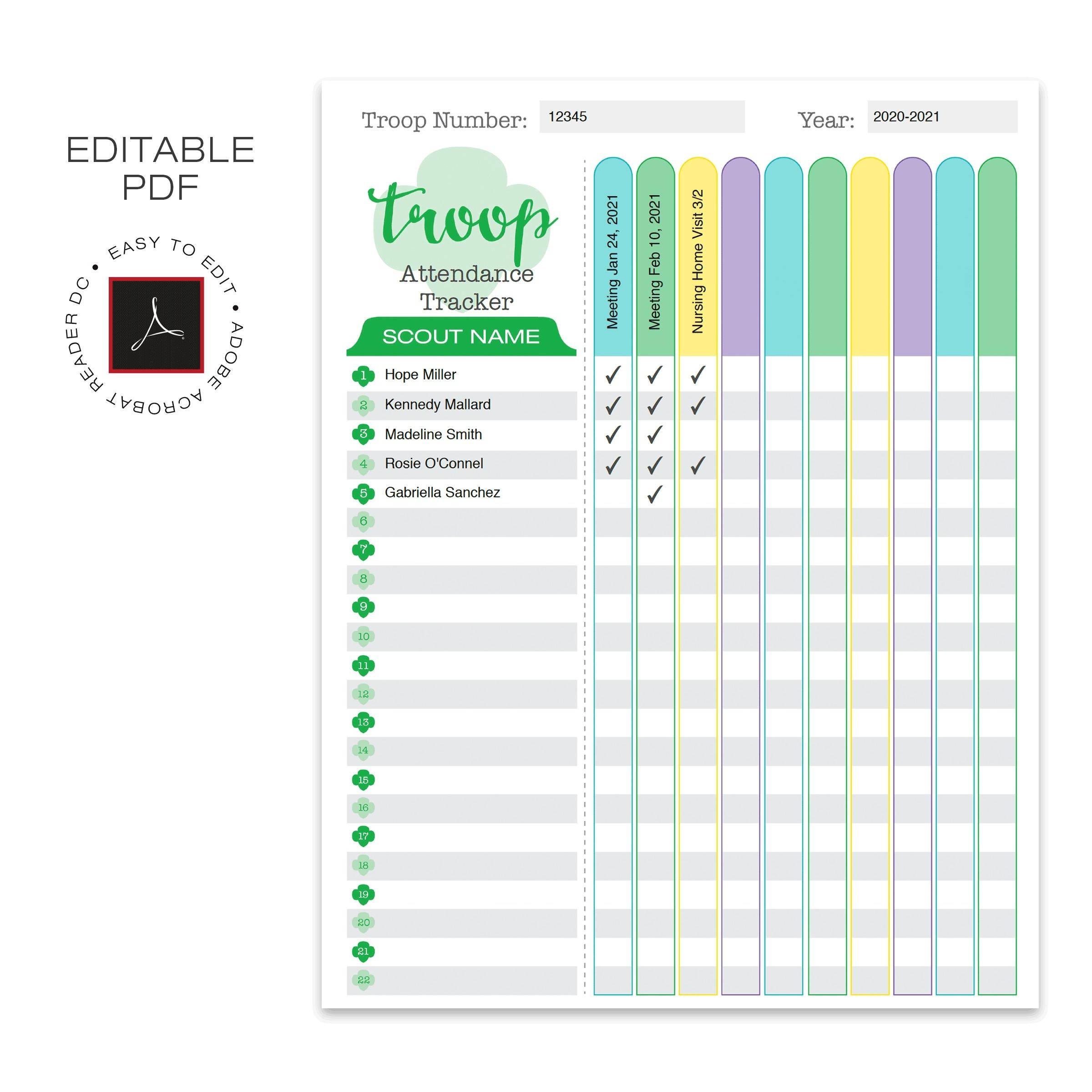Girl Scout Tracking Sheet Attendance Tracking Sheet Printable Editable