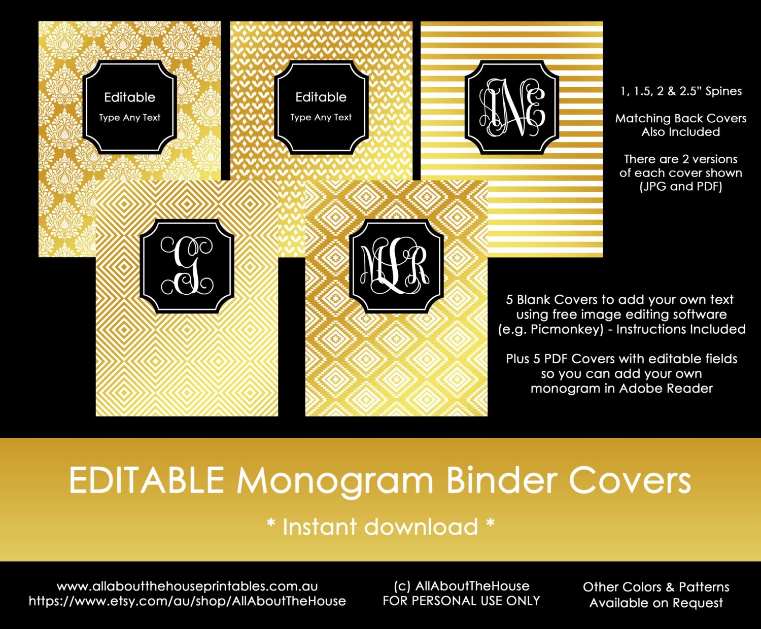 Gold Monogram Binder Cover And Black Planer Cover Spine Damask Stripes Diamond Aztec Metallic Foil DIY Notebook School College Editable Etsy