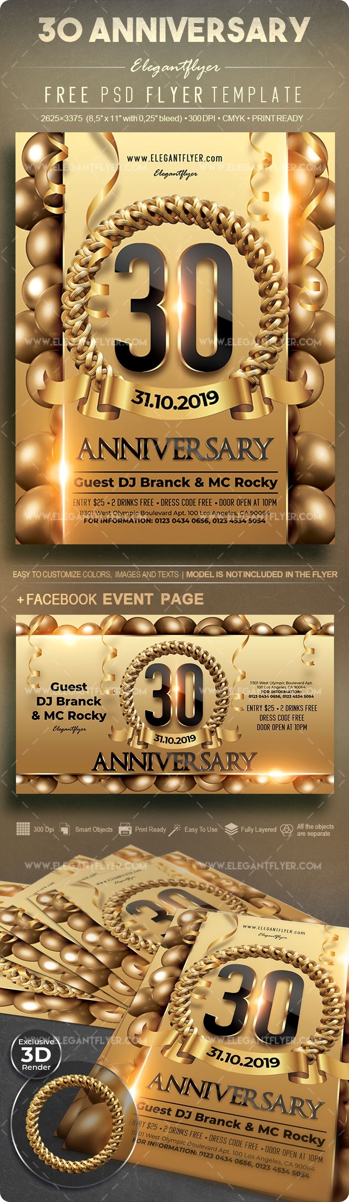 Golden Luxury 30 Anniversary Free Flyer Template PSD By Elegantflyer