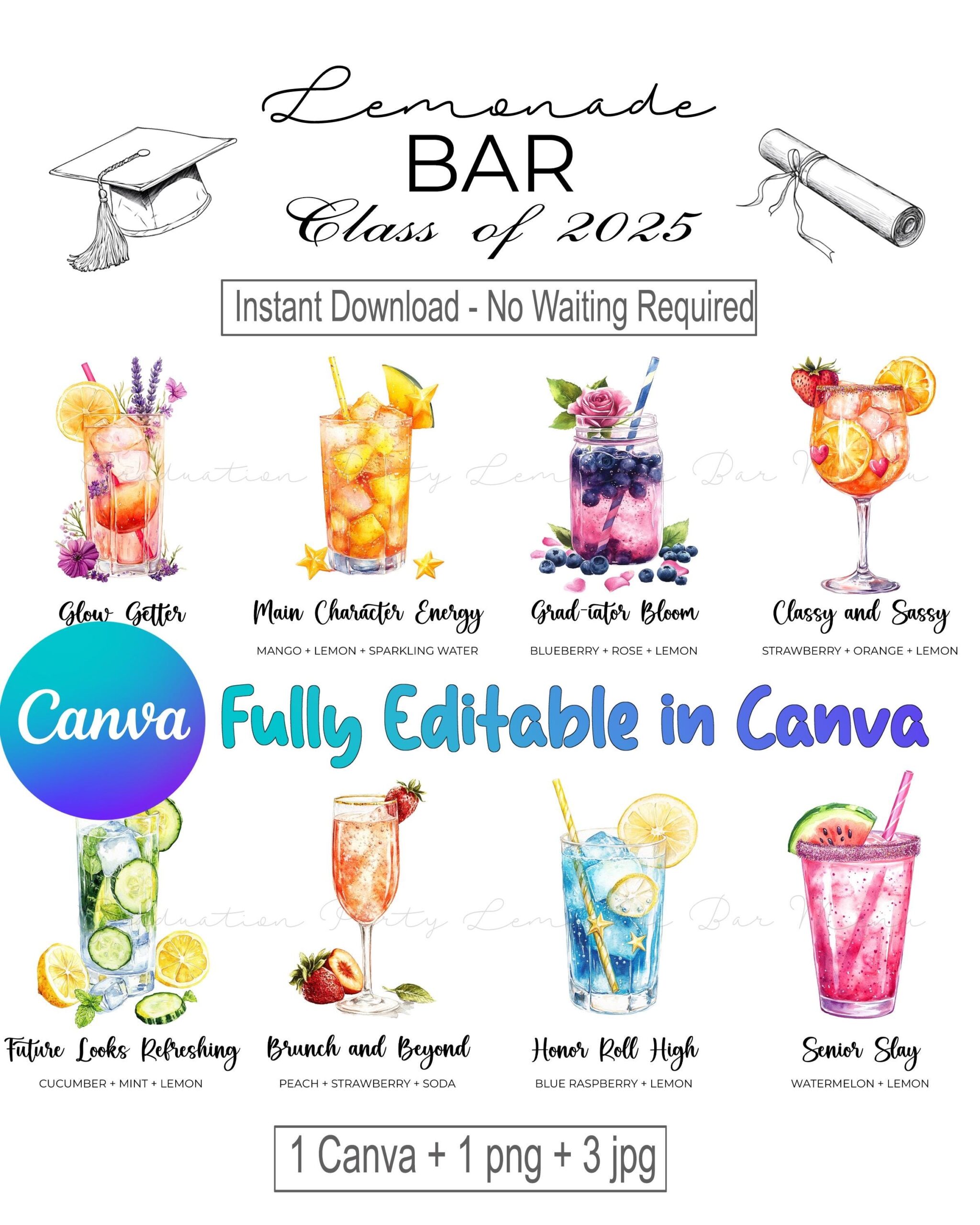 Graduation Party Lemonade Bar Editable Menu Sign Canva Template 16 Drink Sign Class Of 2025 Grad Printable Grad Drink Station Decor Download Etsy