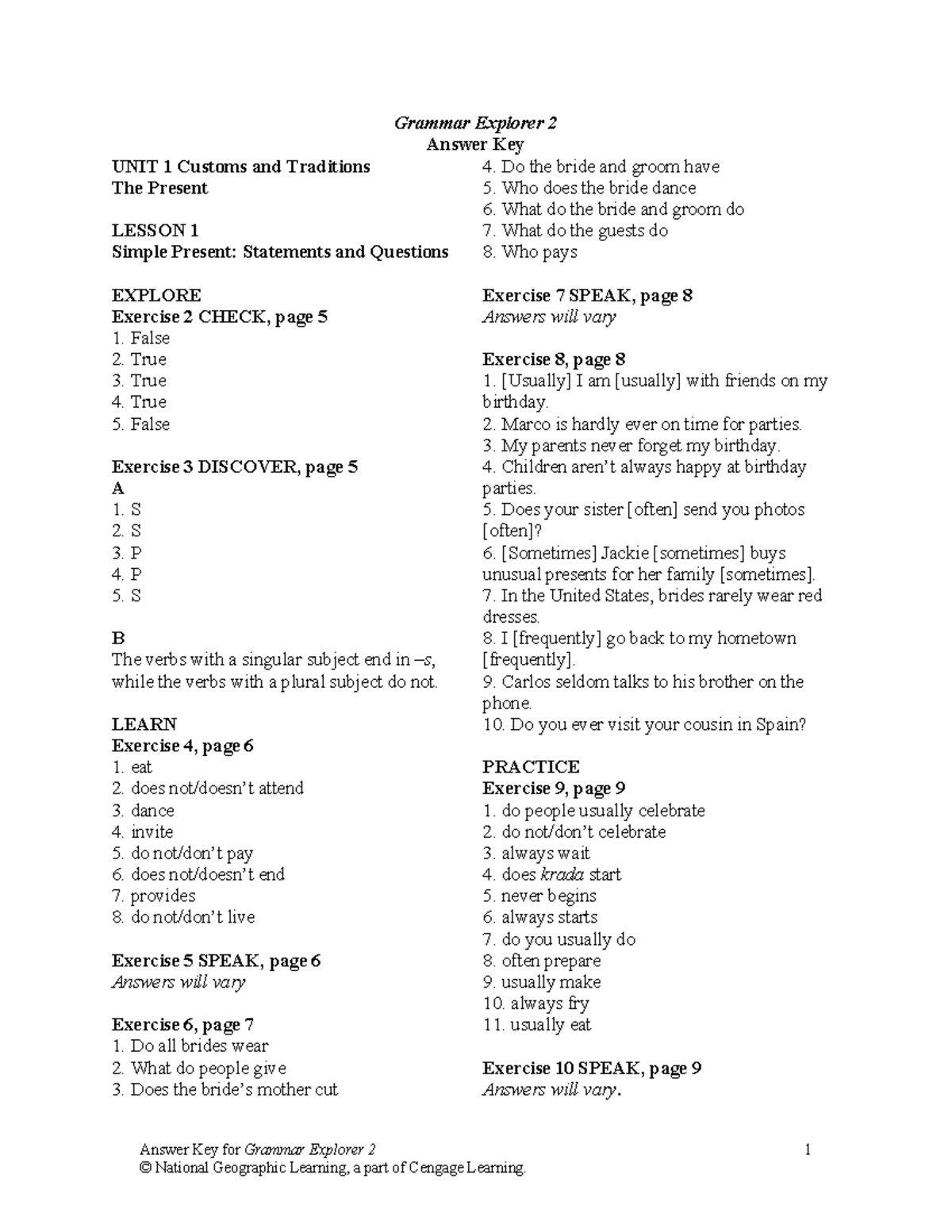 Grammar Explorer 2 Ak Answer Key For Grammar Explorer 2 1 Grammar Explorer 2 Answer Key UNIT 1 Studocu