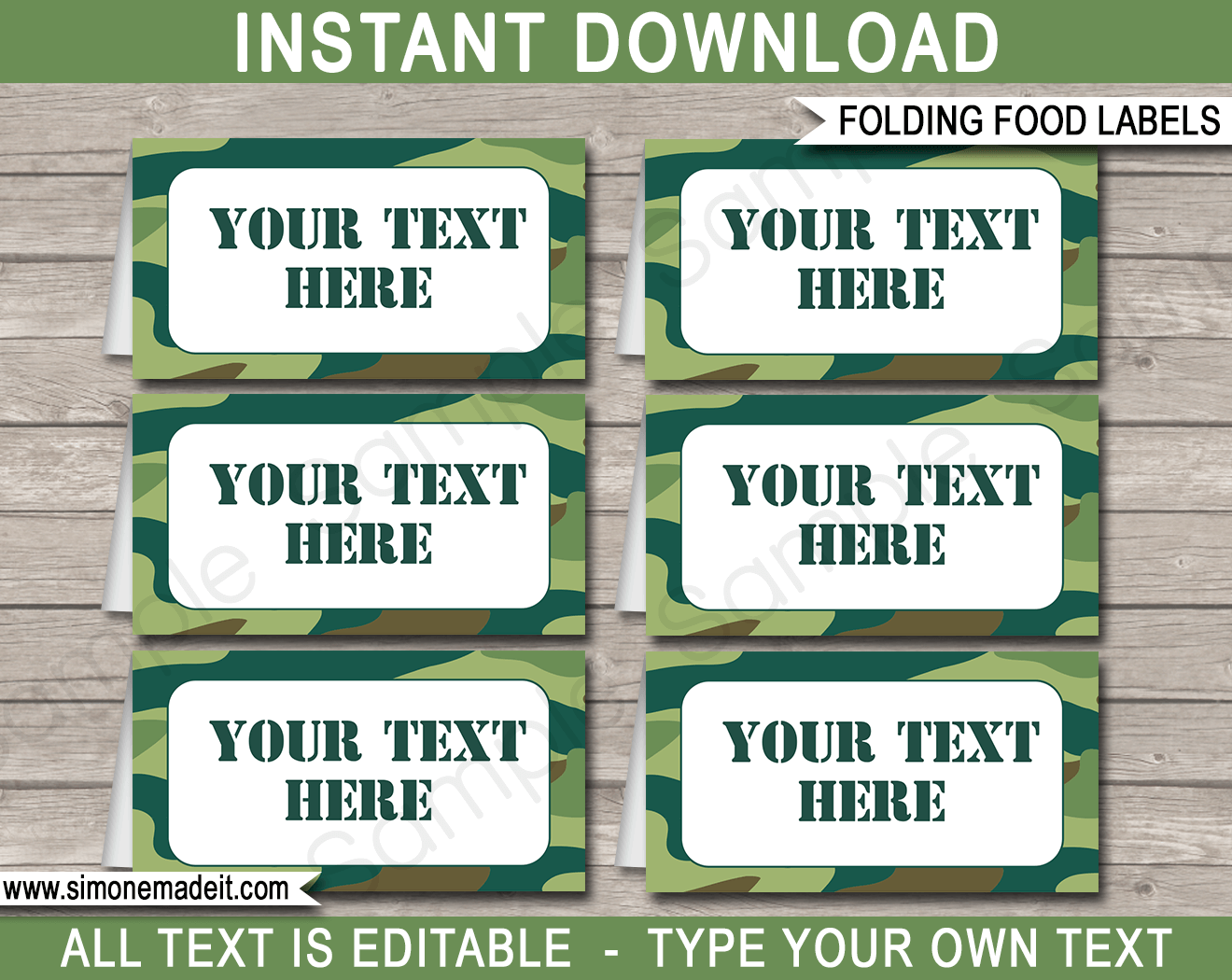 Green Camo Food Labels Place Cards Army Theme Party