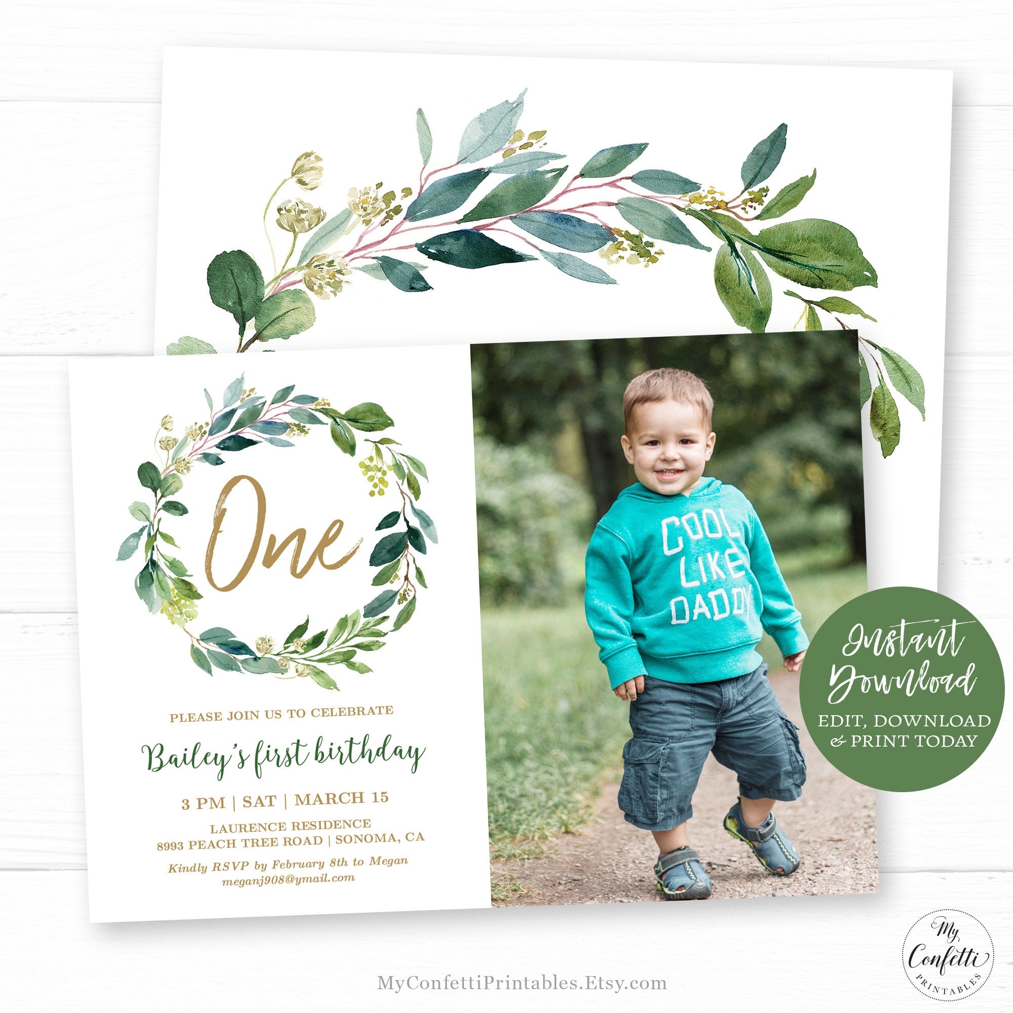 Greenery First Birthday Invitation EDITABLE Printable Baby 1st Birthday Photo Invitation Template Neutral One Boy Girl MCP815 CJB Etsy
