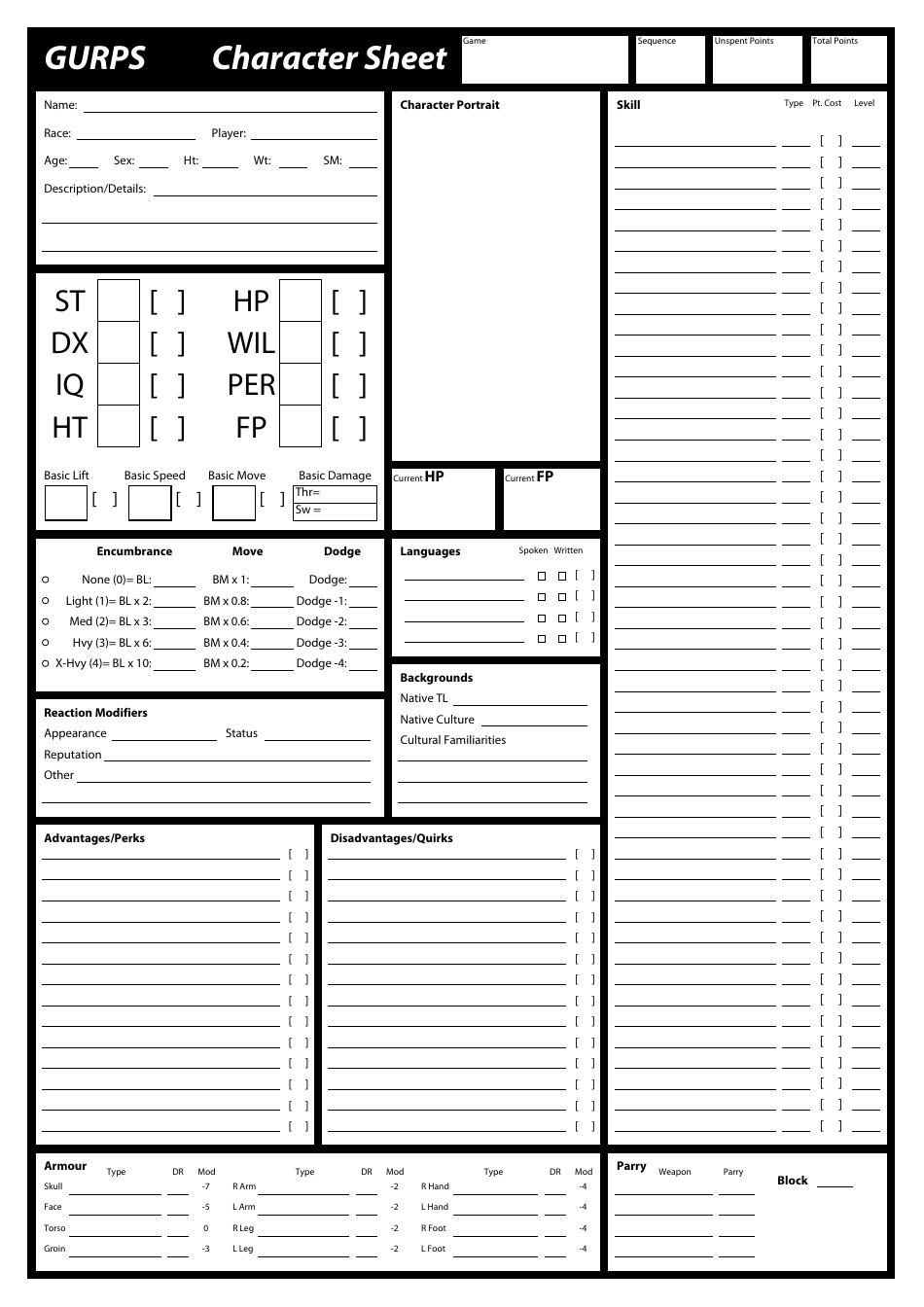 Gurps Character Sheet Printable 4thn Edition