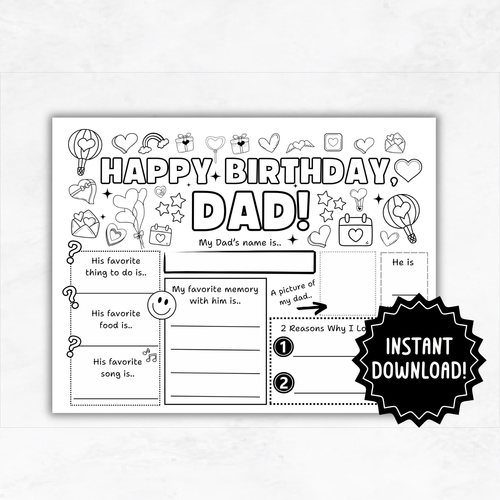 Happy Birthday Dad Coloring Page Printable Happy Birthday Dad Activity Sheet Placemat All About Dad Activity Card Etsy