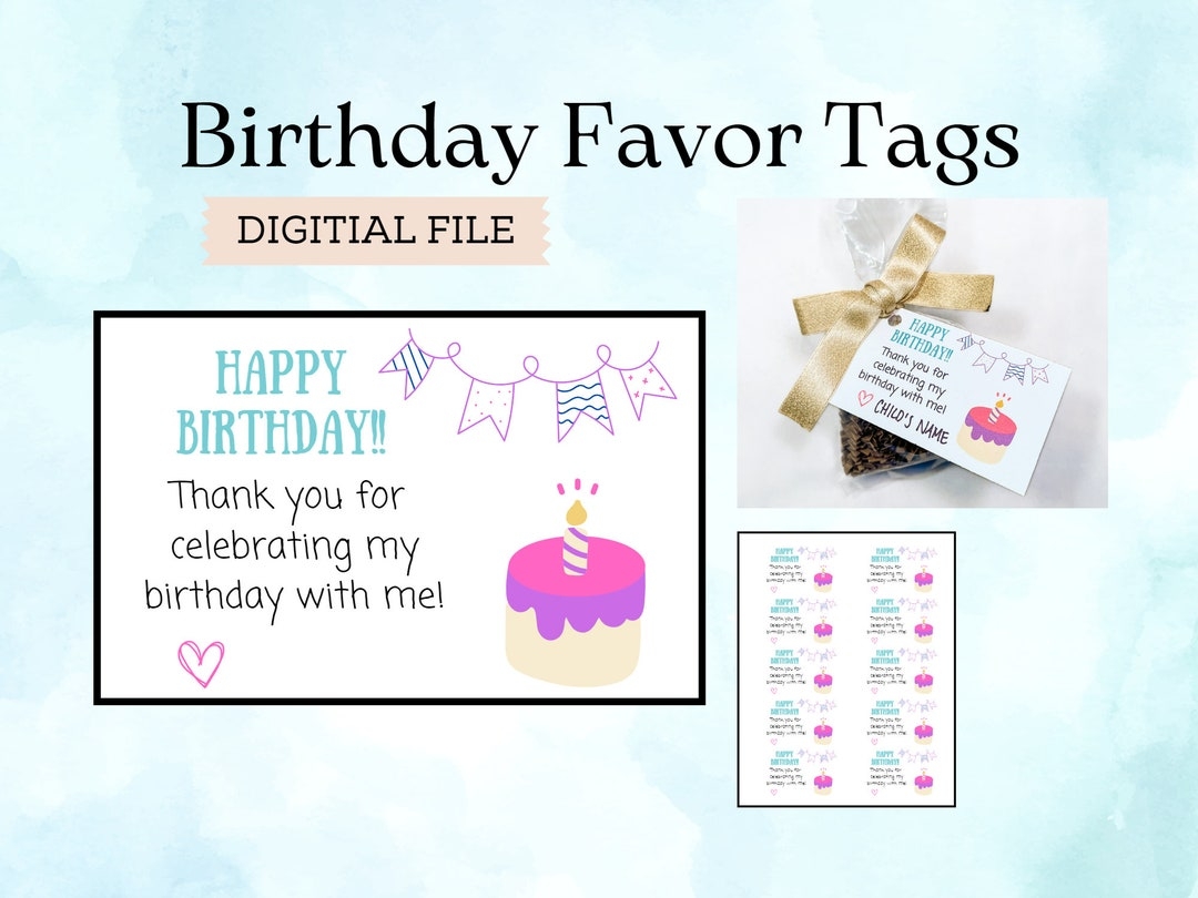 Happy Birthday Tags For Favors Digital File For Instant Download Pink Purple Etsy