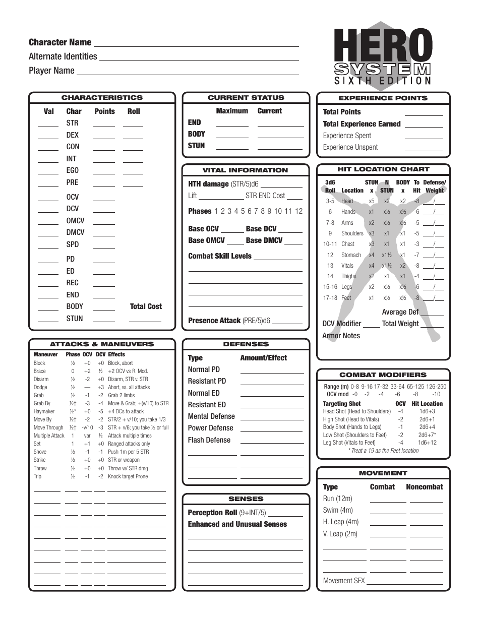 Hero System Sixth Edition Character Sheet Download Printable PDF Templateroller