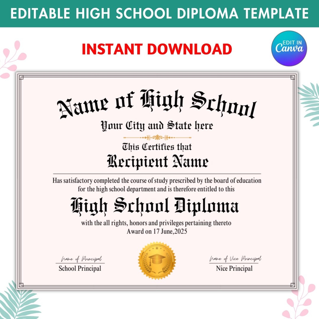 High School Diploma Template Editable Home School Diploma High School Diploma Template Diploma Replica Template Digital Download Etsy