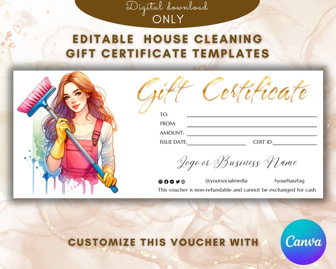 House Cleaning Gift Certificate Template Housekeeping Gift Card Gift Voucher Printable Professional Cleaning Gift House Care House Clean Etsy