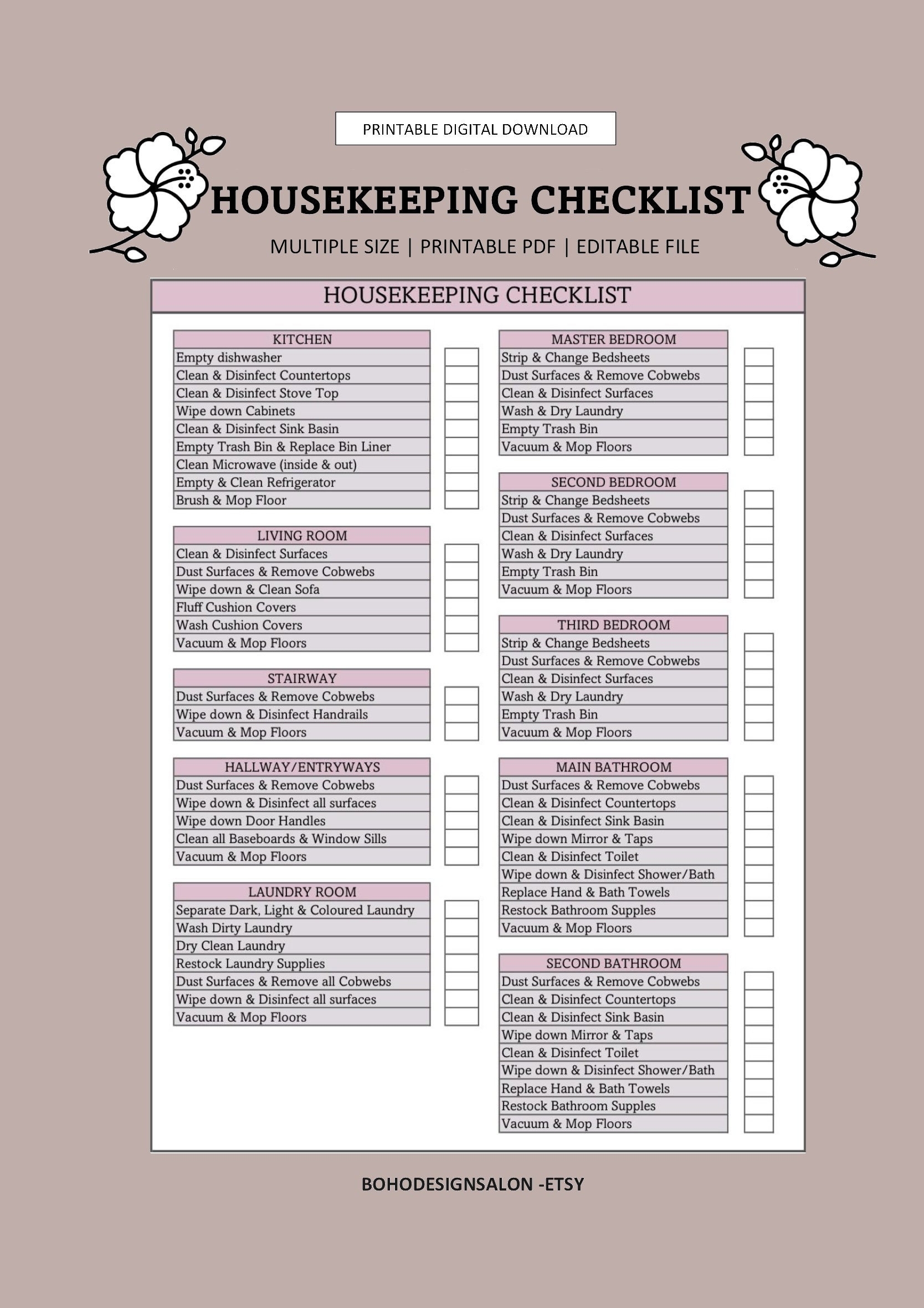 Printable And Editable Cleaning Checklist For Housekeeper